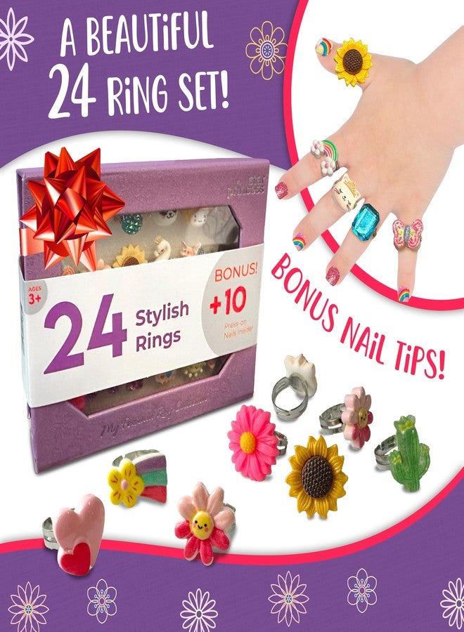 Star Princess Jewel Rings for Kids, Set of 24 Adjustable Dress Up Rings for Girls, Pretend Play Jewelry for Little Girls In Purple Gift Box, Unique and No Duplicates - Great Birthday Gift for Girls Ages 3 4 5 6 7 8 - Image 2